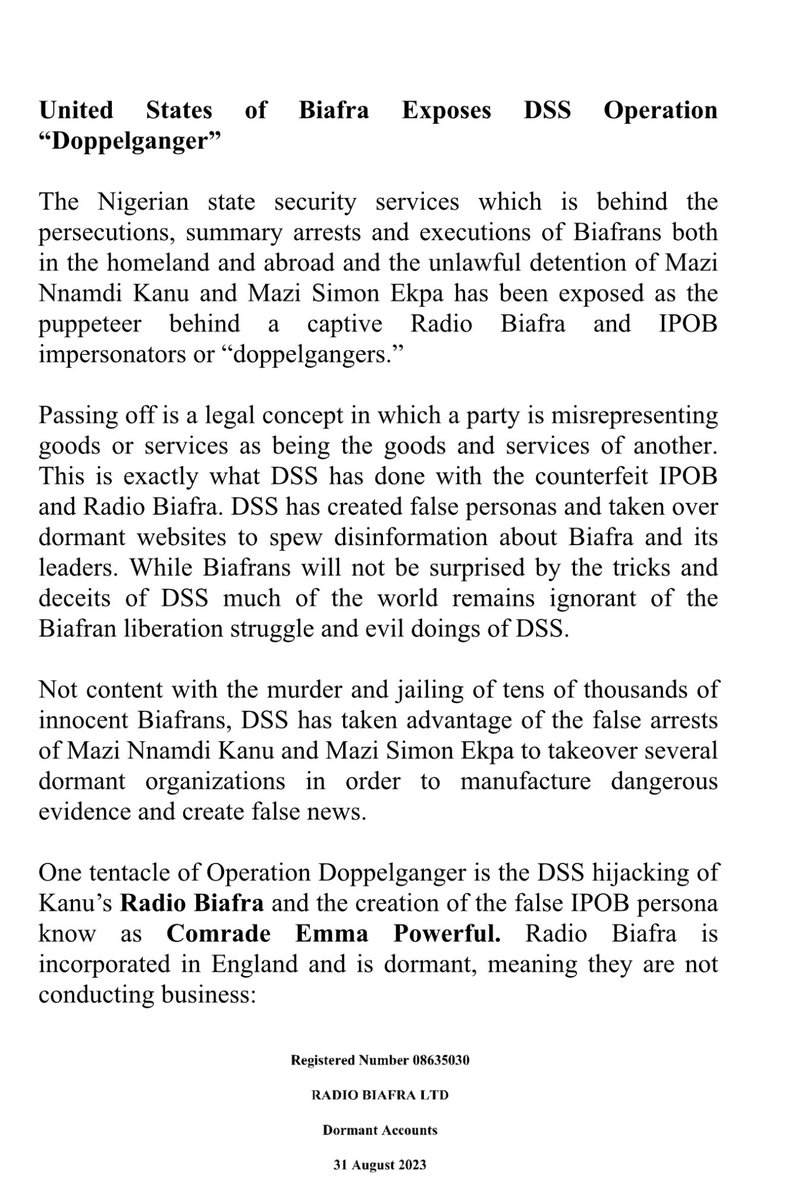 ngoziora's tweet photo. Breaking:

United States of Biafra International Attorney  Drags  Nigeria DSS acting as and Radio Biafra to Court - “Operation Doppelgänger” 

@realDonaldTrump @alexstubb @yleuutiset @officialABAT @HQNigerianArmy @DHQNigeria @PoliceNG @UNHumanRights @antonioguterres @USArmy @BritishArmy @cnnbrk @BBCBreaking @BBCWorld @FoxNews @SkyNewsArabia_B @SkyNews @IDF @BritishArmy @MELANIATRUMP @mrubin1971 @AloyEjimakor @mats56455 @GuardianNigeria @SaharaReporters @MobilePunch @DailyPostNGR @DailyTimesNGR @akckd0207 @ManHeeLeePeace @StateDept @_AfricanUnion @NATO @BarackObama @BillClinton @USBDPM @mrubin1971
