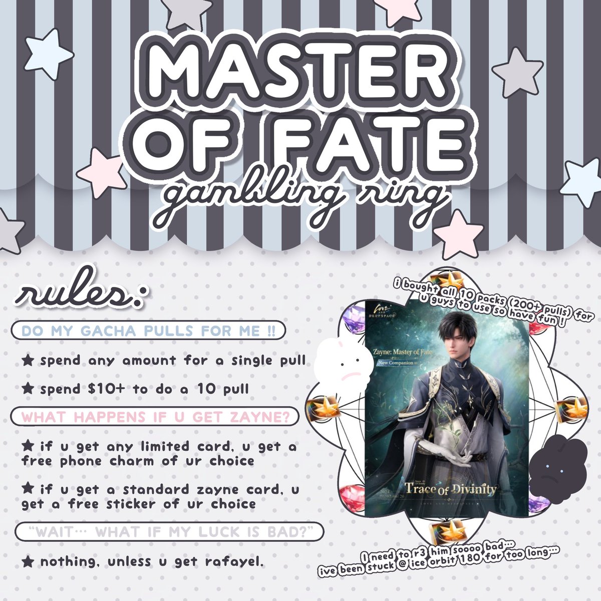 l0vetrisha's tweet photo. ill be at fanime @ booth 513 in the artist alley with an insane amount of lads stuff :0

i’ll also be in a lads cat butler stamp rally + doing a little gacha party to get r3 mof !!

catalogue @ https://t.co/zHZmqgCHbI

#恋与深空 #LoveandDeepspace #fanime2025 https://t.co/m7HGcsaOqq