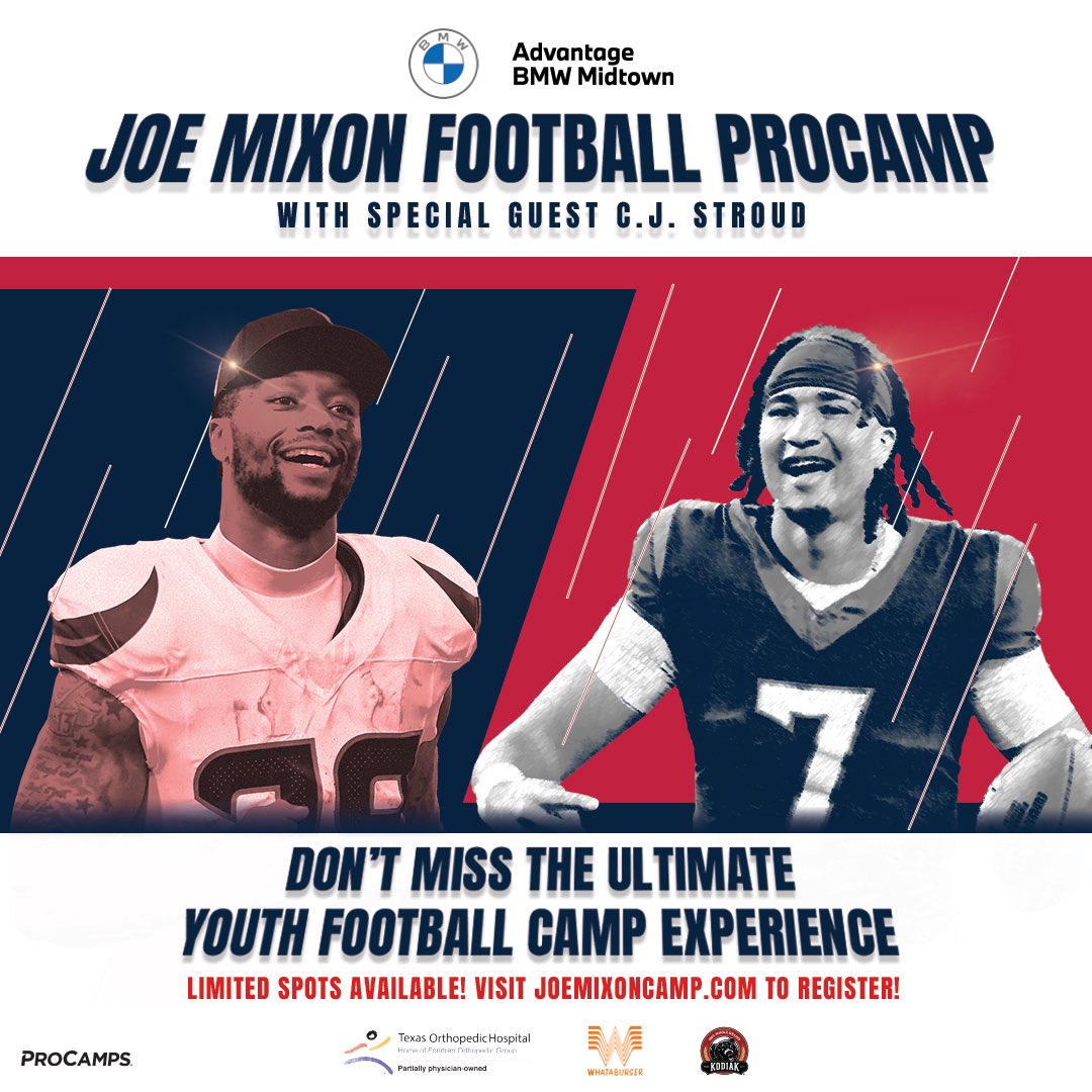 Joe_MainMixon's tweet image. My best 7 vs @cj7stroud best 7 at my @bmwmidtown Football @ProCamps! It’s going down! Drills, games, contests we’re going to do it all! ⚡️💪
📅 June 7th
📍 Texans Practice Facility
🕐 9:00am – 1:00pm
🎟 Spots are limited – Visit JoeMixonCamp.com to register