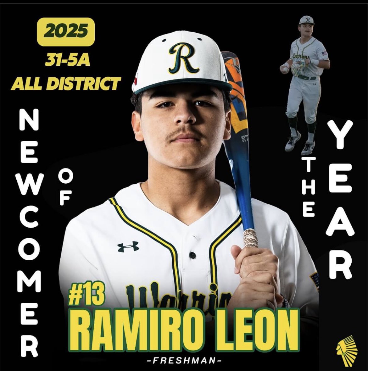 Blessed to be awarded “NEW COMER OF THE YEAR” for my freshman season.

Avg:  .395
OBP: .454
Hits: 34
RBI: 29
Runs: 19
FP: .976