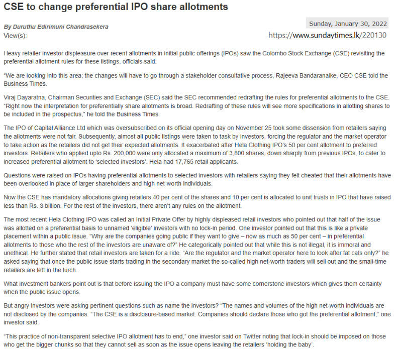 Channa_Amare's tweet photo. #HELA IPO in Jan 2022 gave Directors the right to preferentially allot upto 50% of IPO to 'identified investors'
This was unacceptable
If genuine 'cornerstone' investors are needed, they should be named and lock-ins imposed
Retailers allotted only 16% of issue
#CALH #CSE #lka https://t.co/kTbYlSwb6Y