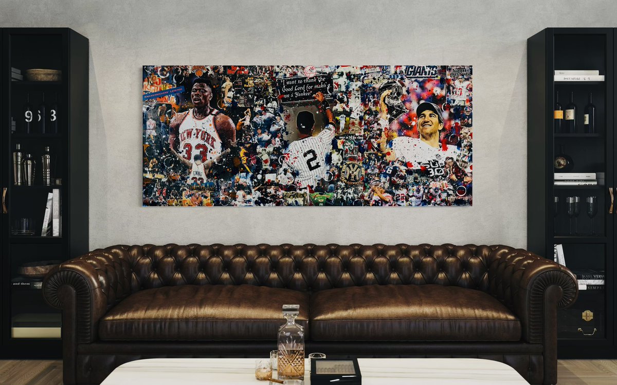 It was awesome to create this for an amazing client. Knicks, Yankees, and Giants on a 36”x84”x2.75” custom wood panel.