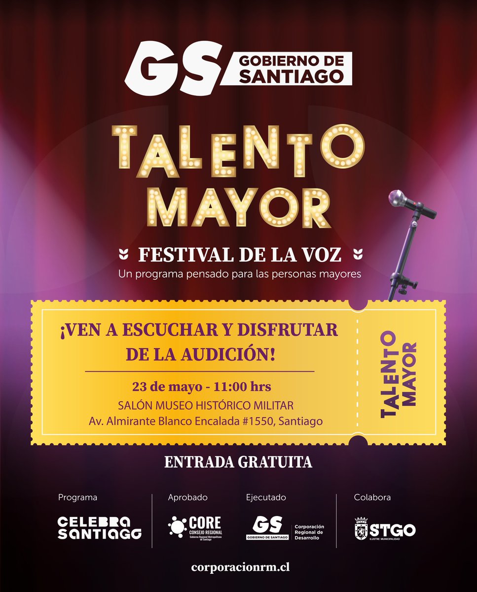 🎤¡Este 23 de mayo, ven a apoyar a los y las participantes de Talento Mayor!

✨Desde las 11:00 horas en el salón del Museo Histórico Militar (Blanco Encalada 1550) se presentarán los adultos mayores que buscan representar a nuestra comuna en esta competencia regional de música