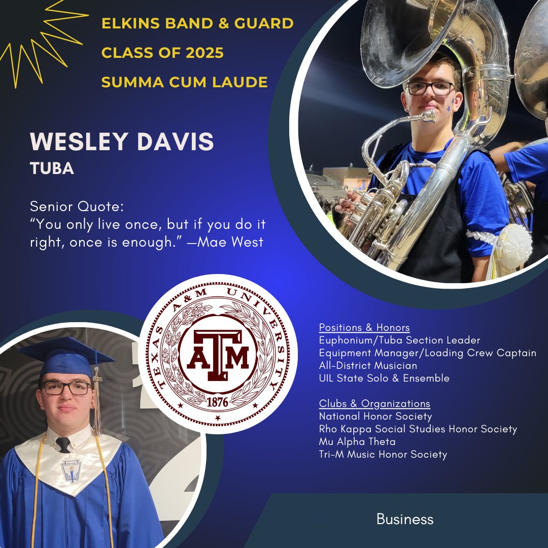 Congratulations to EHS Band Senior &amp; Euphonium/Tuba Section Leader, Wesley Davis! 💙💛