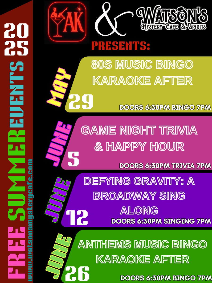 Free events this Summer! Join us May 29th for 80s Music Bingo!
watsonsmysterycafe.com for more info

#escapeatwatsons
-
#freeevents #boise #watsonsmysterycafeandspirits #bingo #music #80s #themed #gamenight #trivia #karaoke #local #community #watsonsmysterycafe #boiseidaho