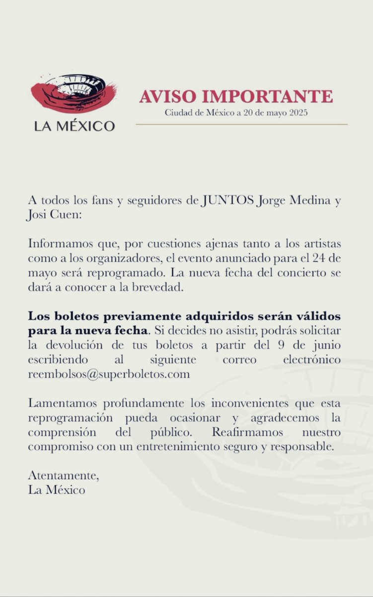 j_medina37's tweet photo. #ComunicadoOficial #LaMexicoMonumental &amp; #JUNTOS 
nos vamos a esperar un poquito.
los queremos mucho🫶🫶

todo sucede siempre en los tiempos de Dios🙏Gracias y una disculpa de parte de nuestro equipo🤝 https://t.co/JDdRU8AHvz