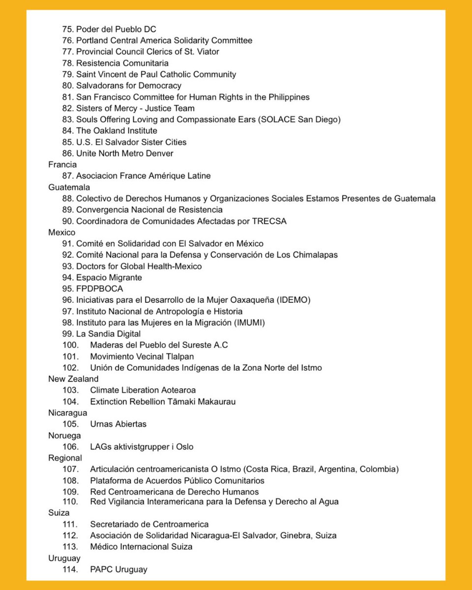 #ÚltimaHora 📢 | 114 organizaciones internacionales de países como Alemania, Australia, Francia, Nueva Zelanda, Bélgica, Noruega, Suiza, España, Uruguay, Argentina, Austria, Bolivia, Canadá, Colombia, Costa Rica, Ecuador, Estados Unidos, México, Nicaragua, Guatemala, entre otros,