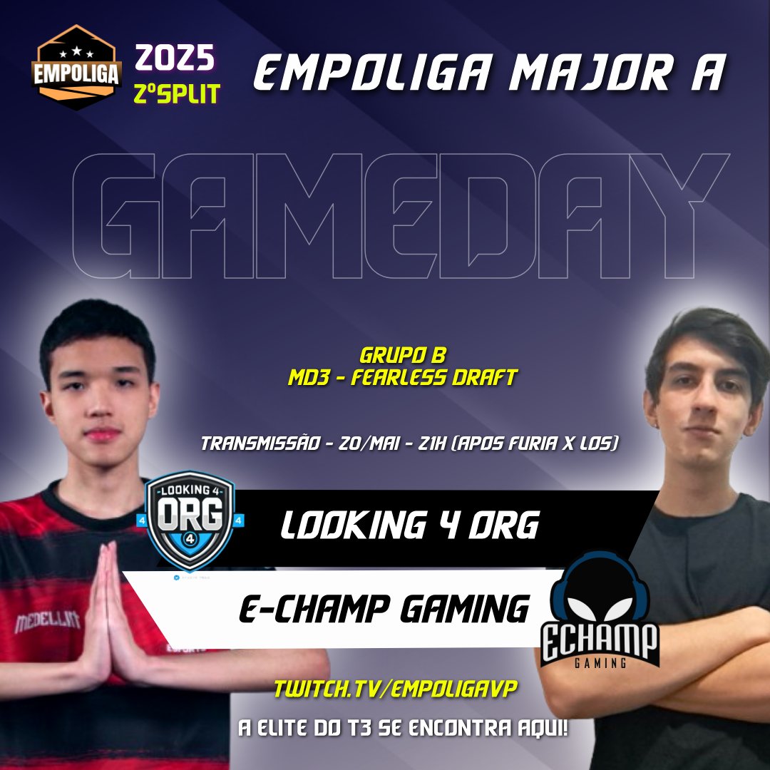 EmpoligaVP's tweet photo. Hoje teremos rodada dupla na #MajorA 2025-2!

É a estreia da @echampgaming pra cima da #Looking4Org que busca se consolidar no topo do grupo B!

Logo após FURIA X LOS na https://t.co/DzeoDSHKgj!

#Empoliga #Tier3 #Esports https://t.co/xQKSaQFFJy