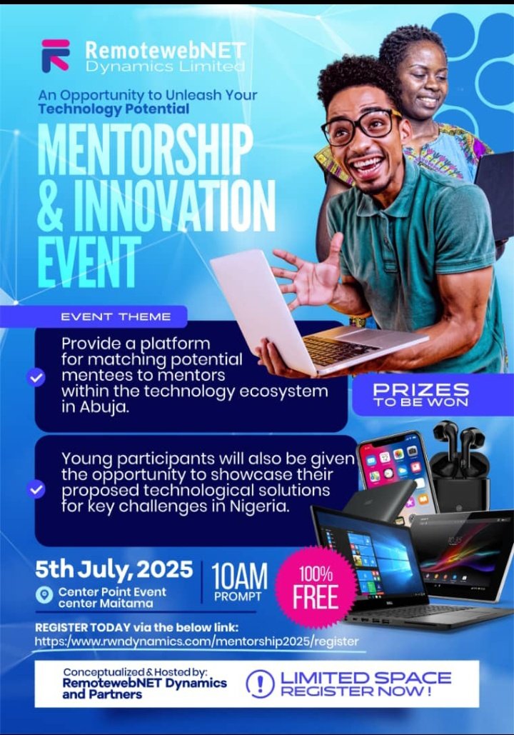 Beagdady's tweet image. Hey everyone, I&apos;d like to share an exciting opportunity with you all. Remote WebNET Dynamics Limited and key partners are hosting the Innovation Pitch Challenge this July in Abuja! 

 #InnovateForImpact #TechChallenge2025 #PitchToWin #InnovatePitchImpact