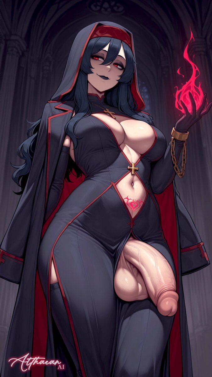 AlthaeanAI's tweet photo. The Coven has accepted two new Sisters amongst their ranks... Designed by two patrons! The first of the two is:

The Sixth Sister - Seras , designed by @WAAAZZ 
Not the first thought/image that comes to mind when one thinks of a nun. Rebellious. Fierce. And utterly irresistible. Seras will have you calling her 'mommy' faster than you realise you're already collared & chained. Her enigmatic demeanor charms the hearts of men & women alike. Rules are meant to be broken, reforged in the way one sees fit. 

"No holes barred" she likes to say. And she really does mean it!