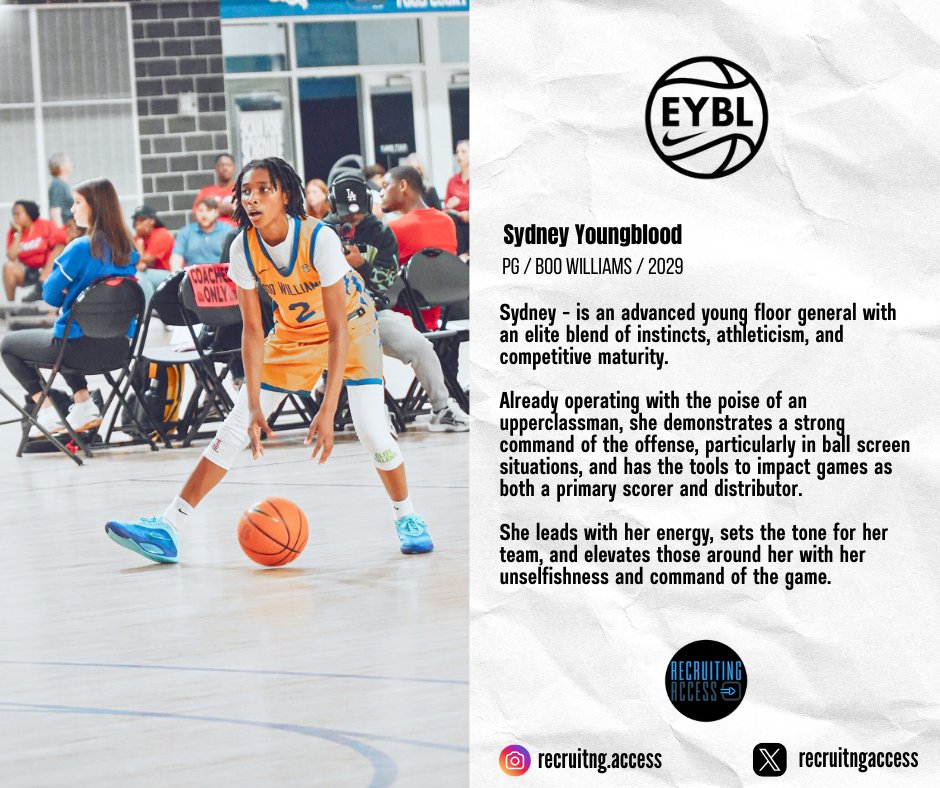 Sydney A. Youngblood (2029) (@sydi_hoops) on Twitter photo Thank you <a href="/recruitngaccess/">RECRUITING ACCESS</a> for the evaluation βπ½β¨
<a href="/NikeGirlsEYBL/">Nike Girls EYBL</a> S2 #2025EYBL #2025EYBL #Road2CHI <a href="/PassThaBall/">PassThaBall.com</a>
<a href="/BWSL2029EYBL/">Boo Williams 2029 JR EYBL ππ</a> <a href="/BWSLGirlsAAU/">Boo Williams GBB</a> Thank you <a href="/recruitngaccess/">RECRUITING ACCESS</a> for the evaluation βπ½β¨
<a href="/NikeGirlsEYBL/">Nike Girls EYBL</a> S2 #2025EYBL #2025EYBL #Road2CHI <a href="/PassThaBall/">PassThaBall.com</a>
<a href="/BWSL2029EYBL/">Boo Williams 2029 JR EYBL ππ</a> <a href="/BWSLGirlsAAU/">Boo Williams GBB</a>