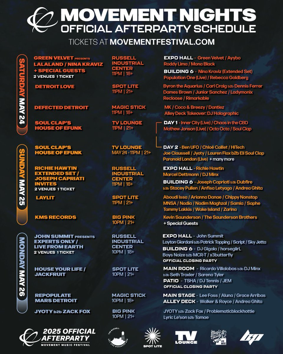 Official @movementdetroit Afterparties = Locked In 🪩✨⁠
⁠
Check the full Movement Nights schedule for everything going down after hours.⁠
⁠
Tickets: movementfestival.com/events