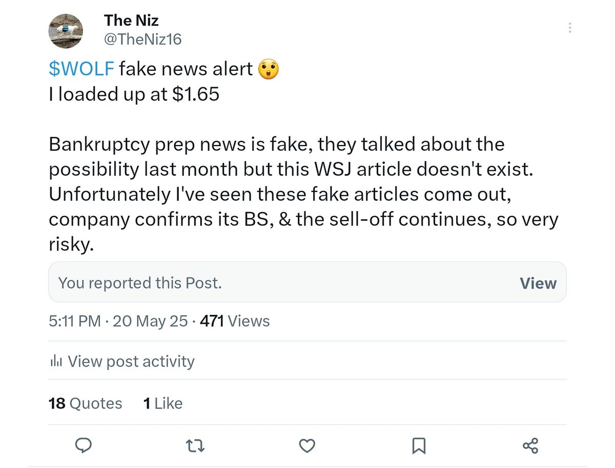 The Niz (@theniz16) on Twitter photo $WOLF apparently WSJ took the article down, but its back up now so it's legit. Deleted my post thankfully before too many ppl saw it. I searched up and down WSJ page and the link from the original poster returned a 404 page not found error 🤷♂️🤦♂️
<a href="/WSJ/">The Wall Street Journal</a> - do better 🙄 $WOLF apparently WSJ took the article down, but its back up now so it's legit. Deleted my post thankfully before too many ppl saw it. I searched up and down WSJ page and the link from the original poster returned a 404 page not found error 🤷♂️🤦♂️
<a href="/WSJ/">The Wall Street Journal</a> - do better 🙄