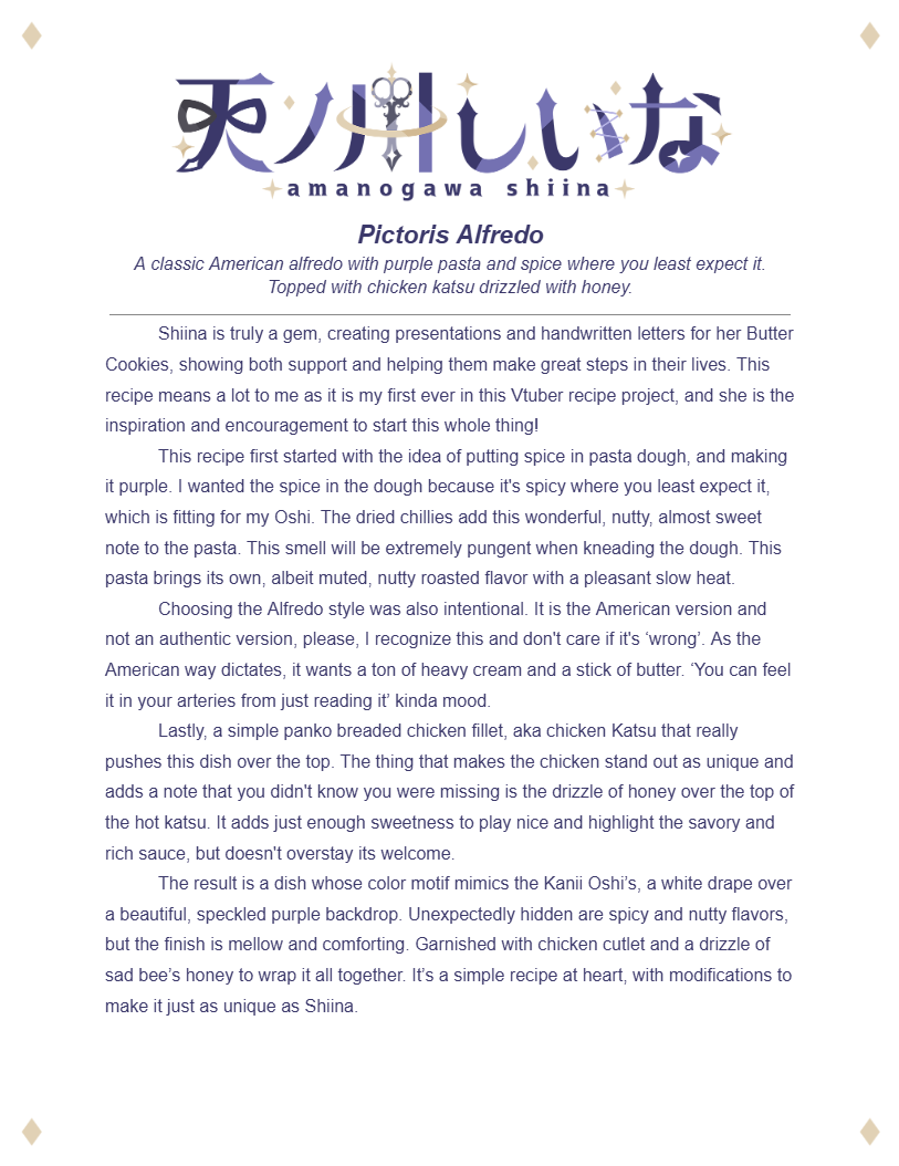 HeinousHandsaw's tweet photo. My first ever submission to VDining! (VTuber Inspired Recipes) 
My Kamioshi, inspiration, and star woman all in one. 
Without her, I wouldn't have started any of this!
#amanogawashiina https://t.co/AfRr6fZWqD