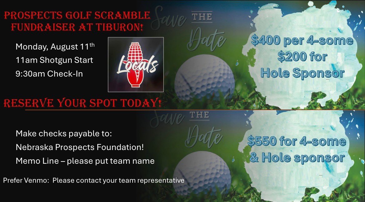 Prospects2031's tweet photo. Mark your calendars! August 11 will be the 3rd annual 2031 Nebraska Prospects golf outing! Please email nebraskaprospects2031@gmail.com with foursome details and if you would like to be a hole sponsor. Thank you! https://t.co/jB8yh2Va5E