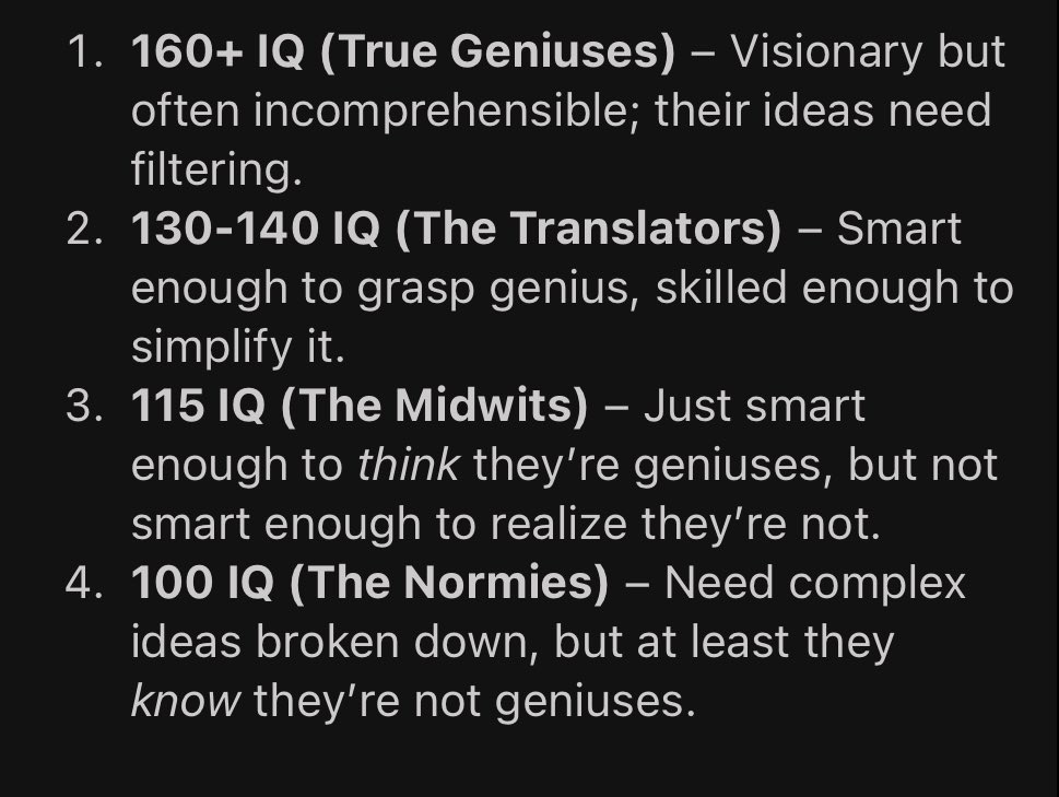 Vijay Pande (@vijaypande) on Twitter photo Interesting to consider AI in this context. Agree <a href="/JTLonsdale/">Joe Lonsdale</a> right now AI is vaguely midwit-y.
Getting AI to the next stage (IQ ~140) will yield immediate impact on translating the smartest (IQ ~150+) of people for the rest of the world. Interesting to consider AI in this context. Agree <a href="/JTLonsdale/">Joe Lonsdale</a> right now AI is vaguely midwit-y.
Getting AI to the next stage (IQ ~140) will yield immediate impact on translating the smartest (IQ ~150+) of people for the rest of the world.