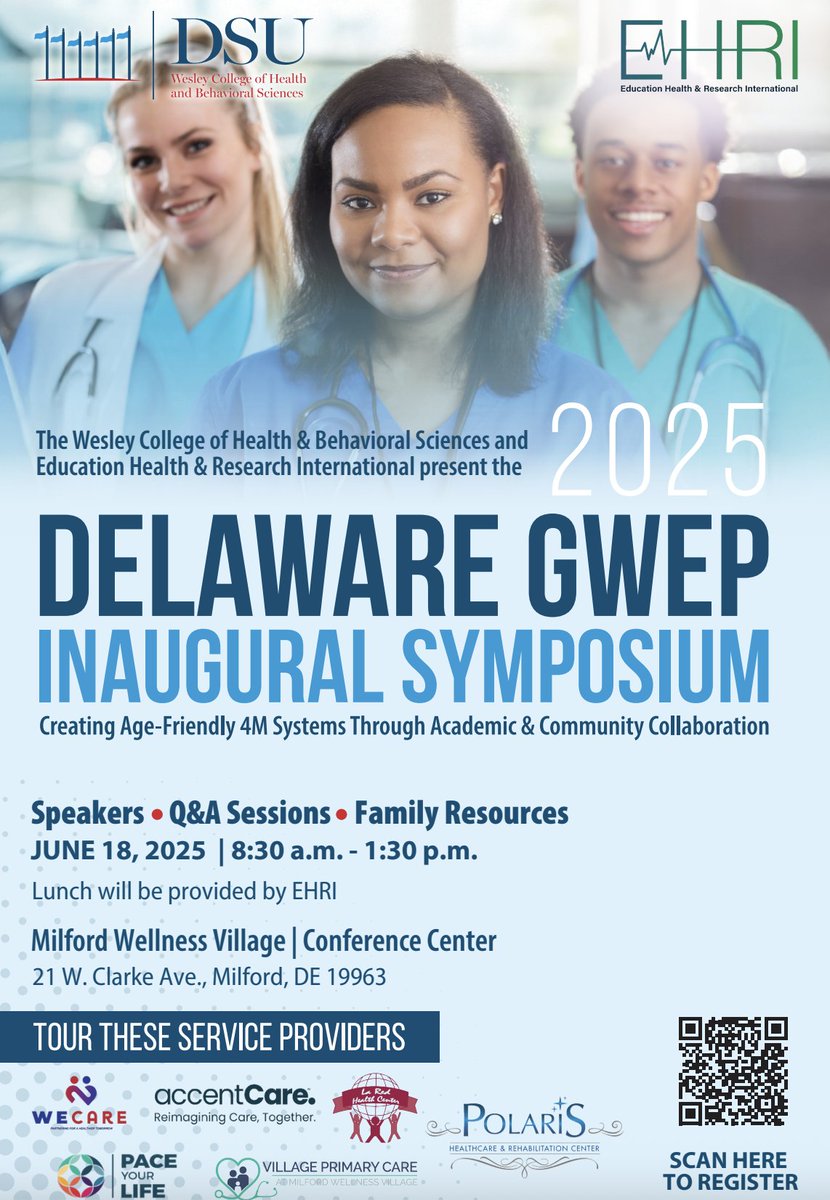 Join us for the 2025 Delaware GWEP Inaugural Symposium on June 18, 8:30 a.m. - 1:30 p.m. at Milford Wellness Village. Enjoy speakers, Q&amp;A, family resources, and lunch by EHRI. Reserve your spot by scanning the QR code! 📅 #DelawareGWEP #HealthCare #Symposium