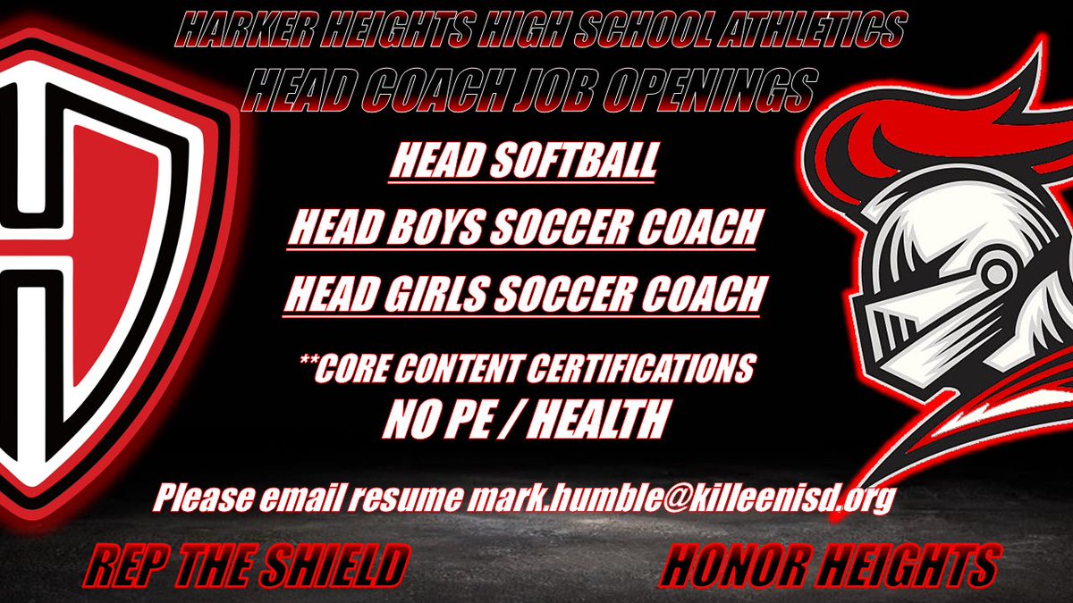 Mark Humble (@markhum7) on Twitter photo COME 👋 REP THE SHIELD! 🛡️
3 HEAD COACHING Opportunities 🏆
Harker Heights High School (6A)
Harker Heights, Texas
Please send resumes to mark.humble@killeenisd.org
#RepTheShield 🛡️ #HonorHeights ⚔️
<a href="/THSCAcoaches/">THSCA</a> | <a href="/Matt_Stepp817/">Matt Stepp</a> |
<a href="/txhsfbchat/">#TXHSFBCHAT🏈</a> | <a href="/TXHSFB/">txhsfb(Tony Blalock)</a> | <a href="/dctf/">Dave Campbell's Texas Football — TexasFootball.com</a> | <a href="/tascosoccer/">TASCO</a> COME 👋 REP THE SHIELD! 🛡️
3 HEAD COACHING Opportunities 🏆
Harker Heights High School (6A)
Harker Heights, Texas
Please send resumes to mark.humble@killeenisd.org
#RepTheShield 🛡️ #HonorHeights ⚔️
<a href="/THSCAcoaches/">THSCA</a> | <a href="/Matt_Stepp817/">Matt Stepp</a> |
<a href="/txhsfbchat/">#TXHSFBCHAT🏈</a> | <a href="/TXHSFB/">txhsfb(Tony Blalock)</a> | <a href="/dctf/">Dave Campbell's Texas Football — TexasFootball.com</a> | <a href="/tascosoccer/">TASCO</a>
