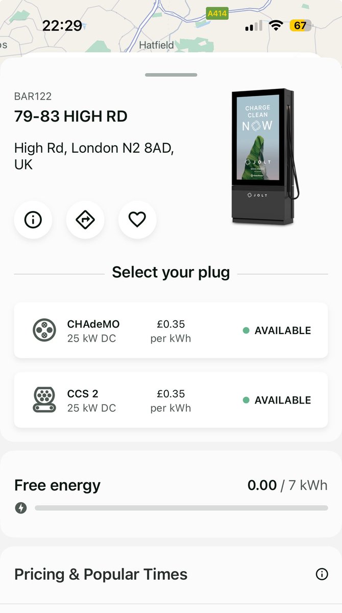Found a really cool ev charging app. First 7kWh is free, thereafter 35p/kWh for 25kW max speed. Only available in North London. joltcharge.com/uk/