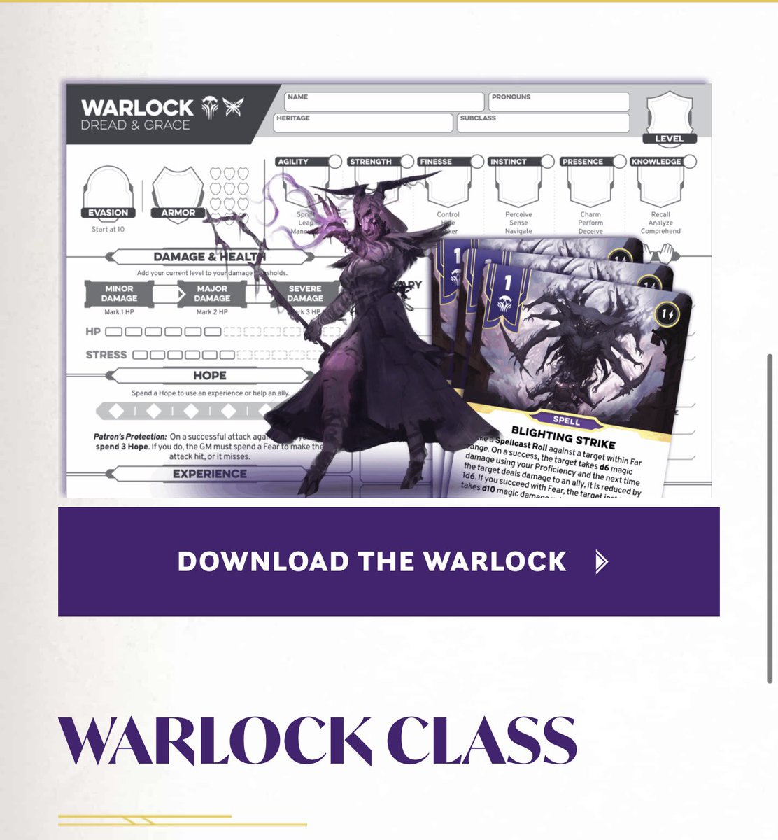 matthewmercer's tweet image. As part of today’s celebration of the launch of #Daggerheart, we teased our upcoming Custom Card Creator & dropped “The Void”, our hub for playtest materials!
First drop is the Warlock & Fighter classes (& the new Dread domain w/ the Warlock)!
Hit up Daggerheart.com!