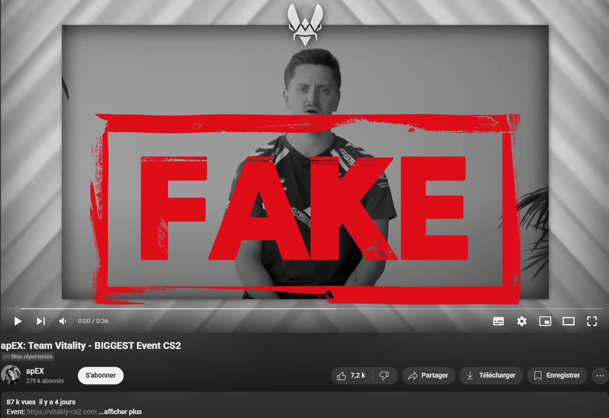 ⚠ SCAM ALERT ⚠  

There’s a fake giveaway going around on YouTube using my persona and Team Vitality’s brand.

It’s not ME. It’s a SCAM.

Deepfakes, fake sites, cloned accounts… they’re pushing it far.

Don’t share your info, don’t link your accounts unless you are sure it’s