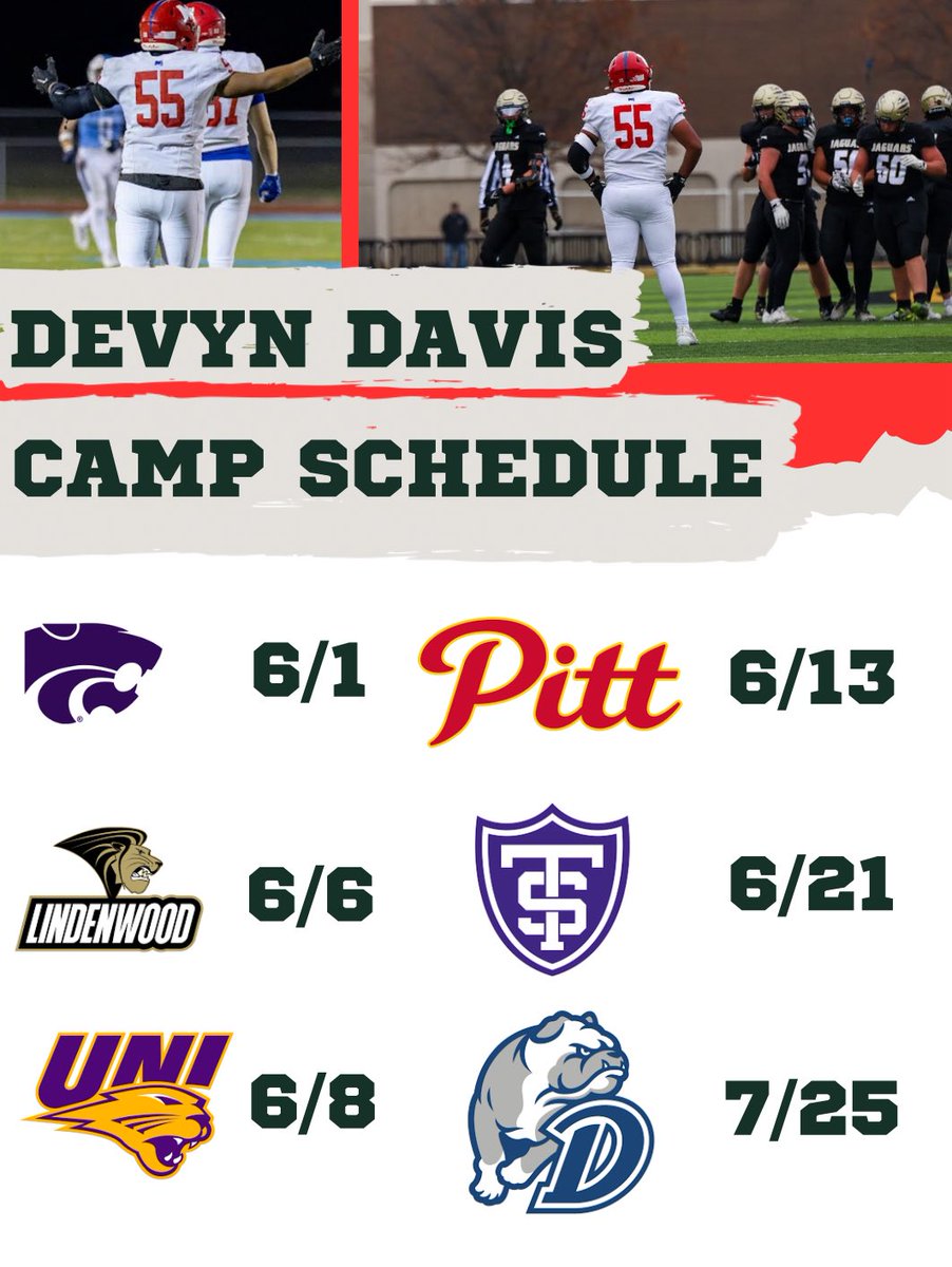 Devyn Davis (@devyndavis91) on Twitter photo Here’s my official camp schedule for the summer, can’t wait to compete!!
<a href="/CoachTrot/">Regi Trotter</a> <a href="/CoachTEverett/">Coach Everett</a> <a href="/CoachKoustmer/">Coach Koustmer</a> <a href="/CoachStLouis/">Patrick St. Louis</a> <a href="/Tcamp6011/">Coach Camp</a> <a href="/CoachRHeld/">Ryan Held</a> <a href="/CoachWillis21/">Nate Willis</a> <a href="/Coach_Caruso/">Coach Glenn Caruso</a> <a href="/coachjonholmes/">Jon Holmes</a> <a href="/BishopMiege_FB/">Bishop Miege Football 🏈</a> Here’s my official camp schedule for the summer, can’t wait to compete!!
<a href="/CoachTrot/">Regi Trotter</a> <a href="/CoachTEverett/">Coach Everett</a> <a href="/CoachKoustmer/">Coach Koustmer</a> <a href="/CoachStLouis/">Patrick St. Louis</a> <a href="/Tcamp6011/">Coach Camp</a> <a href="/CoachRHeld/">Ryan Held</a> <a href="/CoachWillis21/">Nate Willis</a> <a href="/Coach_Caruso/">Coach Glenn Caruso</a> <a href="/coachjonholmes/">Jon Holmes</a> <a href="/BishopMiege_FB/">Bishop Miege Football 🏈</a>