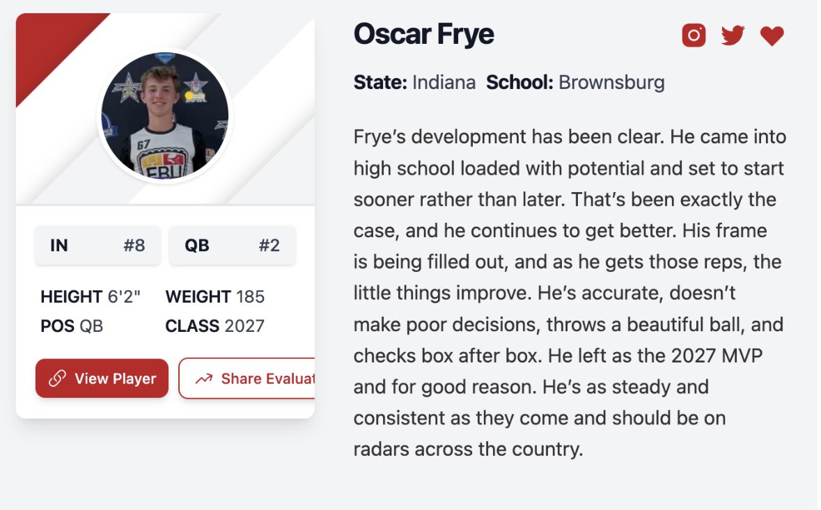 Oscar Frye (@oscarfrye18td) on Twitter photo Great experience at <a href="/Elite11/">Elite11</a>, looking forward to next year. Big thanks to Sam Erman & <a href="/PrepRedzoneIN/">Prep Redzone Indiana</a> for the recent write-upāappreciate the recognition. Fired up for our <a href="/BHSdogsfootball/">BHS Football</a> summer workouts & the upcoming University camp season.
<a href="/CoachJudd22/">CoachJudd22</a> <a href="/xfactorQB/">Anthony Morelli: X-Factor QB Academy</a> <a href="/QBHitList/">QBHitList.com</a> Great experience at <a href="/Elite11/">Elite11</a>, looking forward to next year. Big thanks to Sam Erman & <a href="/PrepRedzoneIN/">Prep Redzone Indiana</a> for the recent write-upāappreciate the recognition. Fired up for our <a href="/BHSdogsfootball/">BHS Football</a> summer workouts & the upcoming University camp season.
<a href="/CoachJudd22/">CoachJudd22</a> <a href="/xfactorQB/">Anthony Morelli: X-Factor QB Academy</a> <a href="/QBHitList/">QBHitList.com</a>
