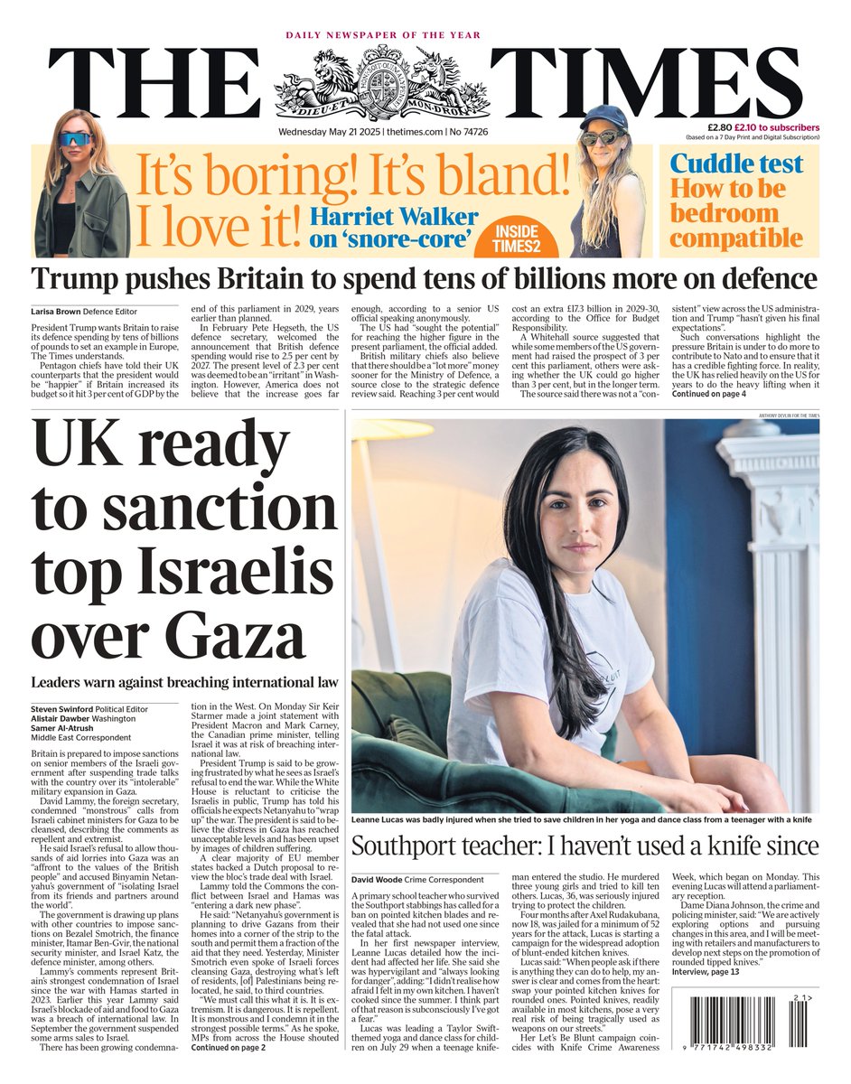 Wednesday's TIMES: UK ready to sanction top Israelis over Gaza
#TomorrowsPapersToday