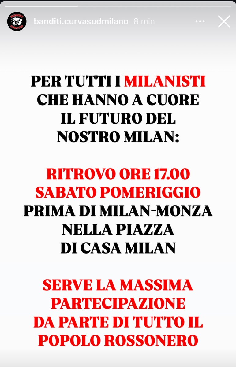 MilanPosts's tweet photo. 📸 Curva Sud Milano on Instagram: FOR ALL MILANISTS WHO CARE ABOUT THE FUTURE OF OUR MILAN: RITROVO ORE 17.00 SATURDAY AFTERNOON BEFORE MILAN-MONZA IN THE SQUARE OF CASA MILAN SERVE THE MAXIMUM PARTICIPATION ON THE PART OF ALL THE ROSSONERI PEOPLE https://t.co/LJGwpfAxqd