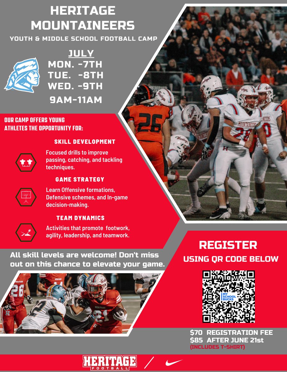 📷Mountaineer Football Youth/Middle School Camp📷
Led by HHS Coaching Staff
📷 Sharpen skills
📷 Compete
📷 Learn
📷 Location: HERITAGE HIGH SCHOOL
📷 Ages: 7-12 Years Old
Don't miss out—Register now QR code below! 📷
#HeritageFootballFamily #YouthFootballCamp