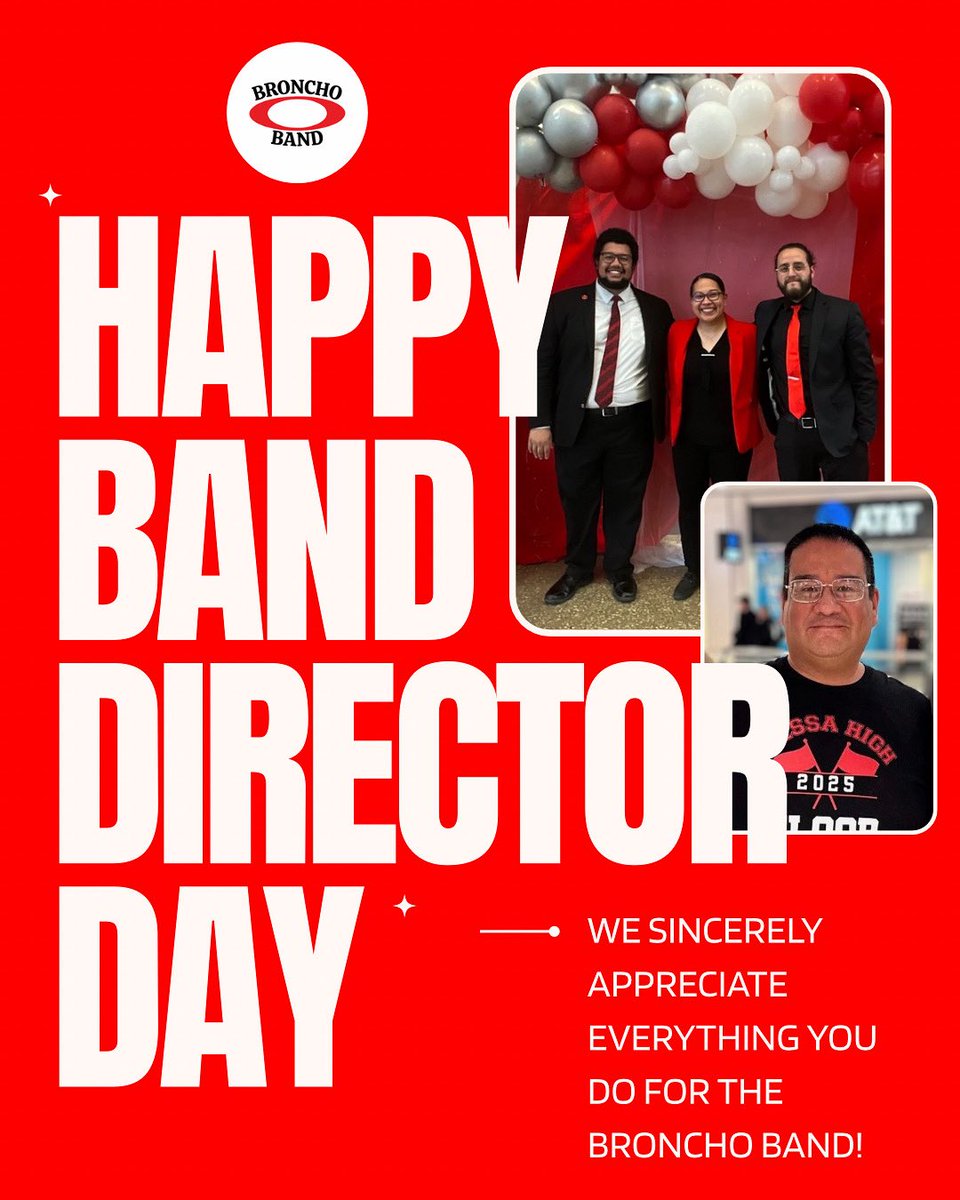 Happy National Band Director Day!
Huge thanks to Ms. Campos, Mr. Simpson, Mr. Maldonado, and Mr. Guerrero for your leadership, passion, and heart. You’ve shaped the Broncho Band into something incredible—we’re so grateful for all you do! #BronchoBand
