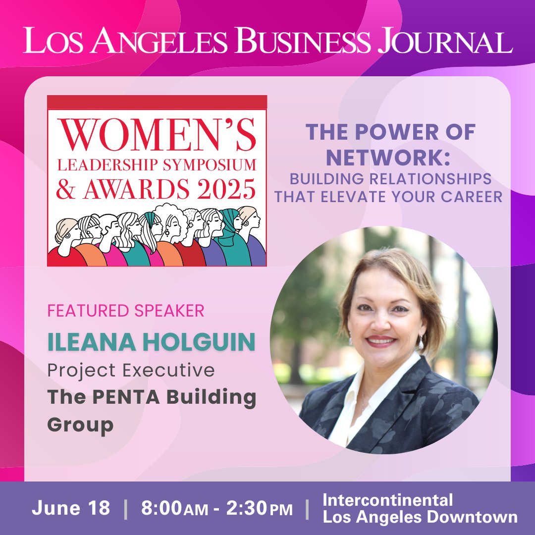 We’re thrilled to welcome a powerhouse at The PENTA Building Group to our upcoming Women’s Leadership Symposium!

With 25+ years of experience in construction, Ileana is a trailblazer in higher education and healthcare projects across SoCal.

REGISTER NOW: labusinessjournal.com/events/wlsa202…