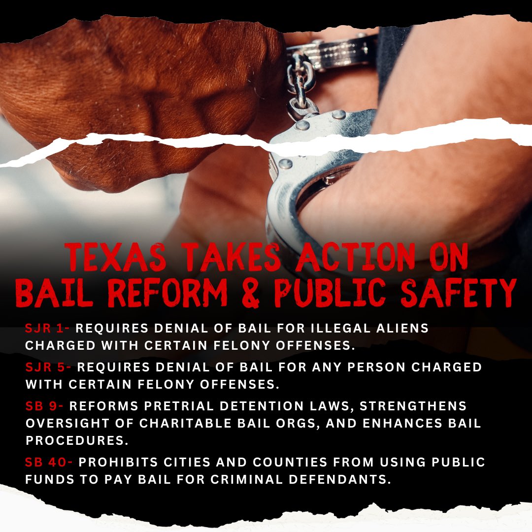 Texas is taking action on bail reform!

With SJR 1, SJR 5, SB 9 &amp; SB 40 now passed, we’re keeping dangerous criminals off the streets and protecting our communities.

This is a huge step for public safety. 💪
#txlege #BailReform #TexasStrong
#morganfortexas