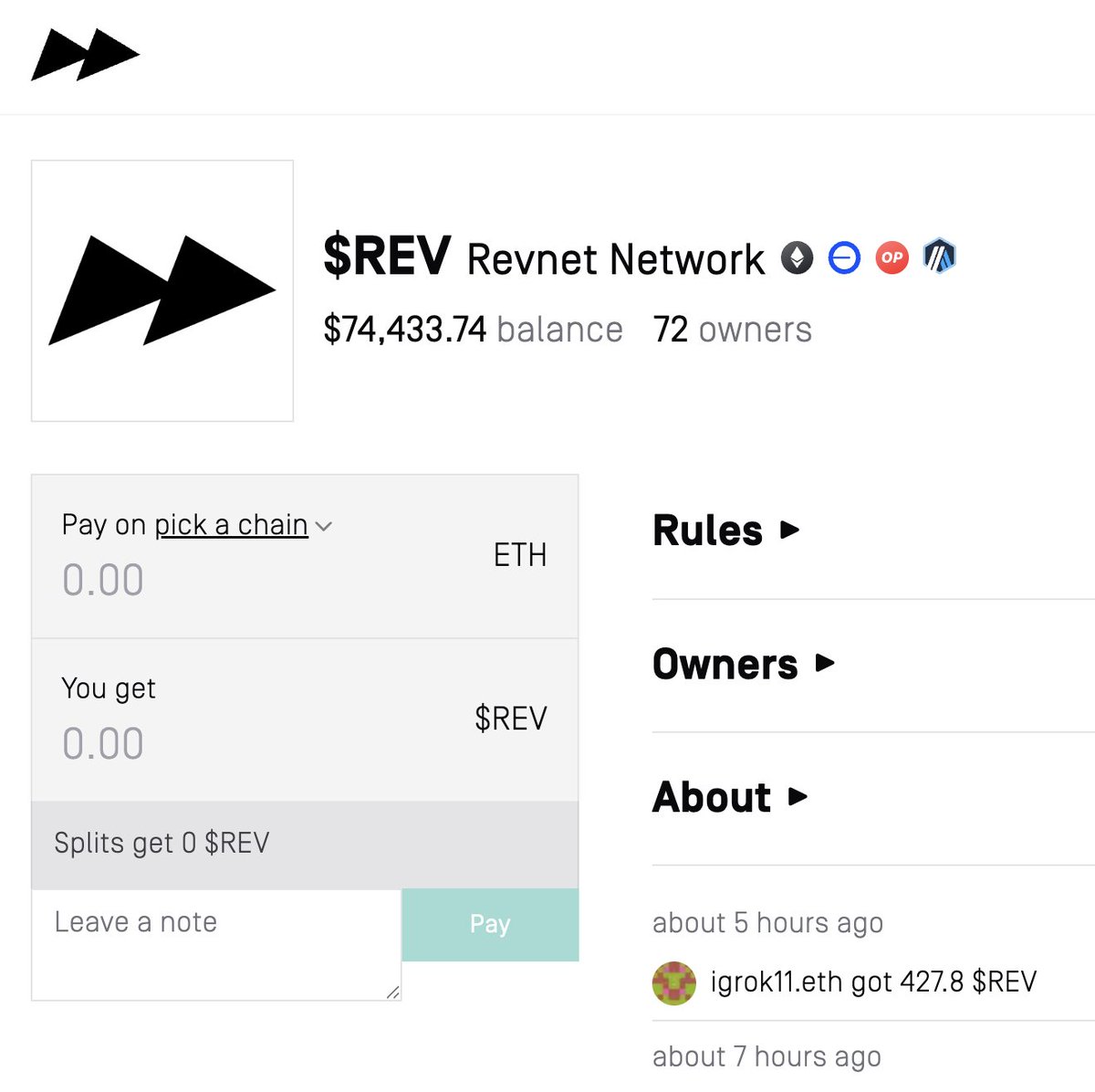 72 owners of $REV. 38% price increase in under 24 hours. Come add fuel to this ship.