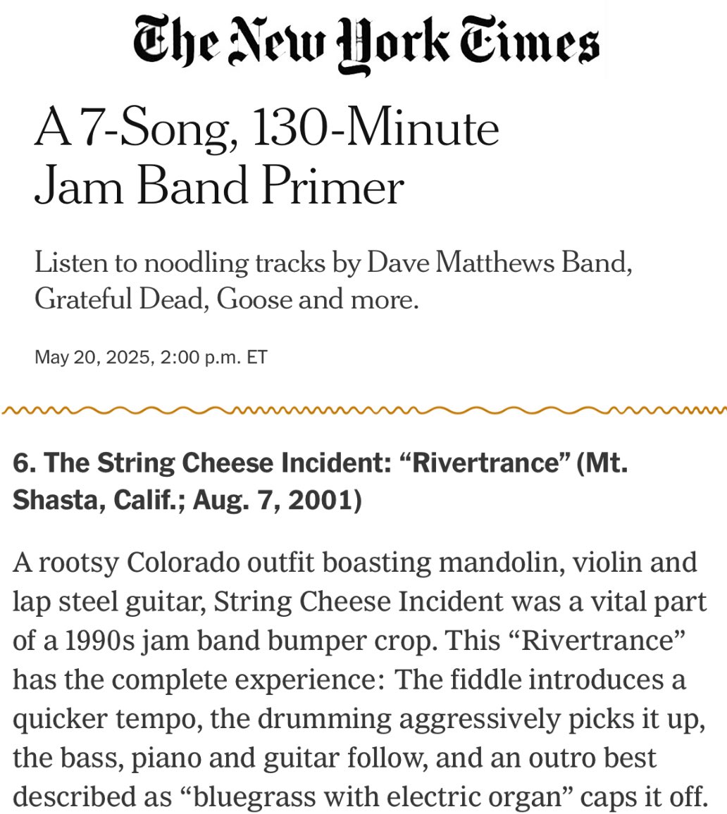 A very cool look into our jam band world from <a href="/nytimes/">The New York Times</a>, honored to be mentioned among this great playlist of artists. nytimes.com/2025/05/20/art…