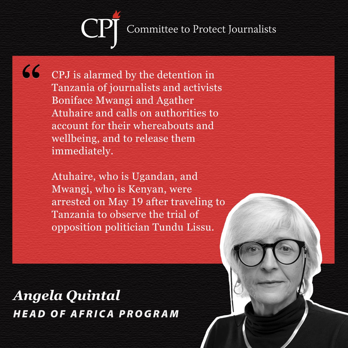 CPJ Africa (@cpjafrica) on Twitter photo CPJ is alarmed by the detention in Tanzania of journalists and activists Boniface Mwangi and Agather Atuhaire and calls on authorities to account for their whereabouts and wellbeing, and to release them immediately.
<a href="/AAgather/">Agather Atuhaire</a>, who is Ugandan, and <a href="/bonifacemwangi/">The People’s President</a>, who is Kenyan, CPJ is alarmed by the detention in Tanzania of journalists and activists Boniface Mwangi and Agather Atuhaire and calls on authorities to account for their whereabouts and wellbeing, and to release them immediately.
<a href="/AAgather/">Agather Atuhaire</a>, who is Ugandan, and <a href="/bonifacemwangi/">The People’s President</a>, who is Kenyan,