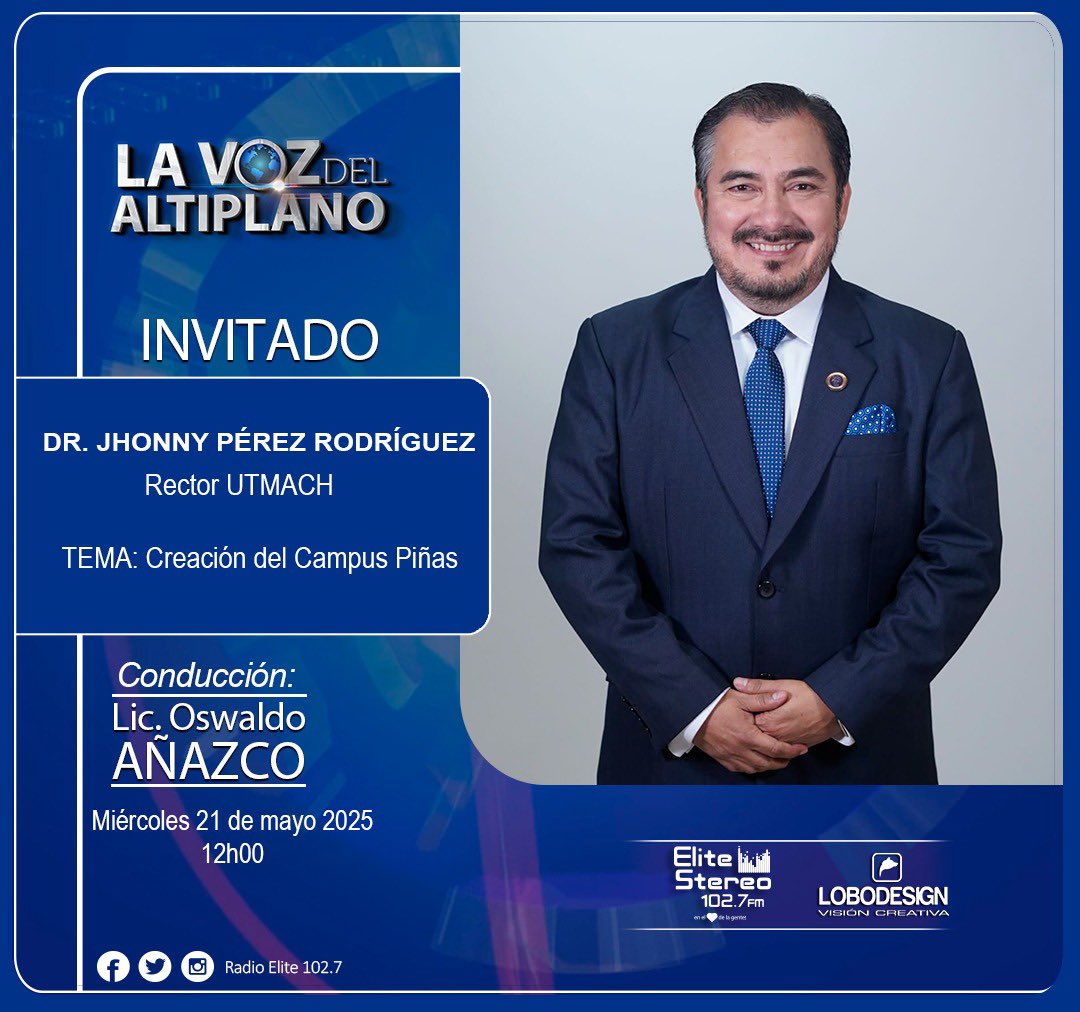 #LaVozDelAltiplano 

🗓️miercoles 21 de mayo 
🕛 12:00 

Oswaldo Añazco entrevista a Dr. Jhonny Pérez, rector de la UTMACH