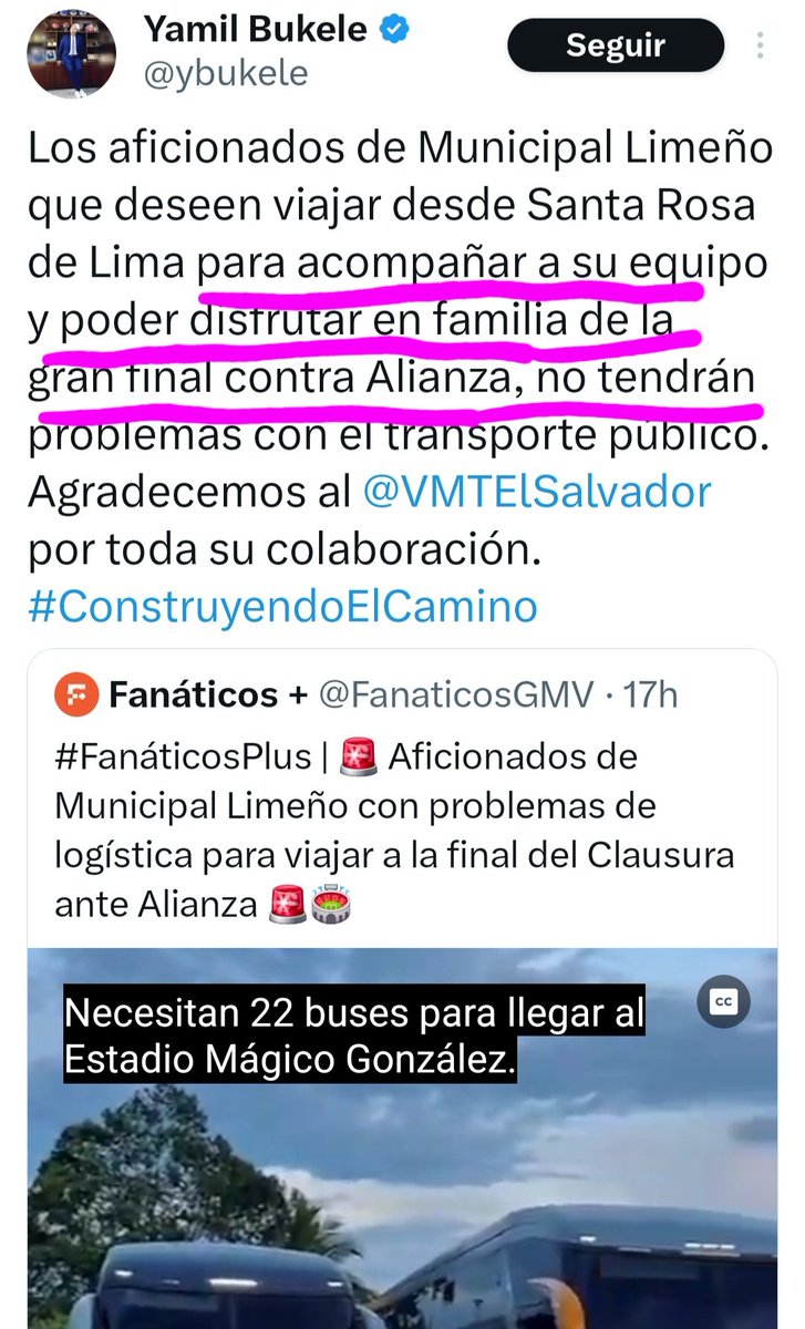 vp14021900's tweet photo. @JaimeMa52538356 @ybukele @VMTElSalvador Clarito dice el señor Yamil que serán buses para la afición que va a ir a ver el partido. 
Y por si no sabe, lo que han autorizado son permisos para que se usen los buses con ese fin, no es que el gobierno los dará gratis a todo mundo. Esos buses los pagarán aficionados. https://t.co/TTzCYd01pe