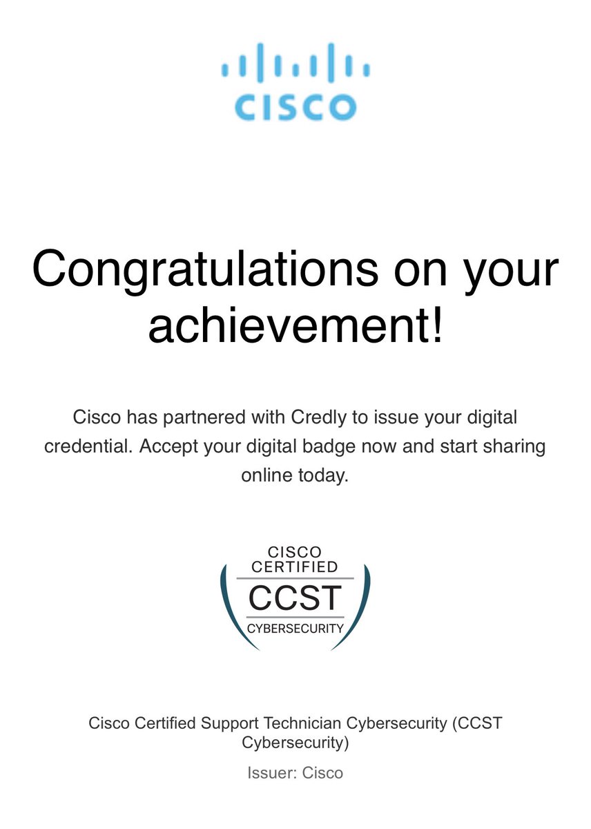 tafGarcia_'s tweet photo. Another one in the bag! @Cisco #Cisco #CCSTCybersecurity #CCST https://t.co/K9NEiQ6KPF