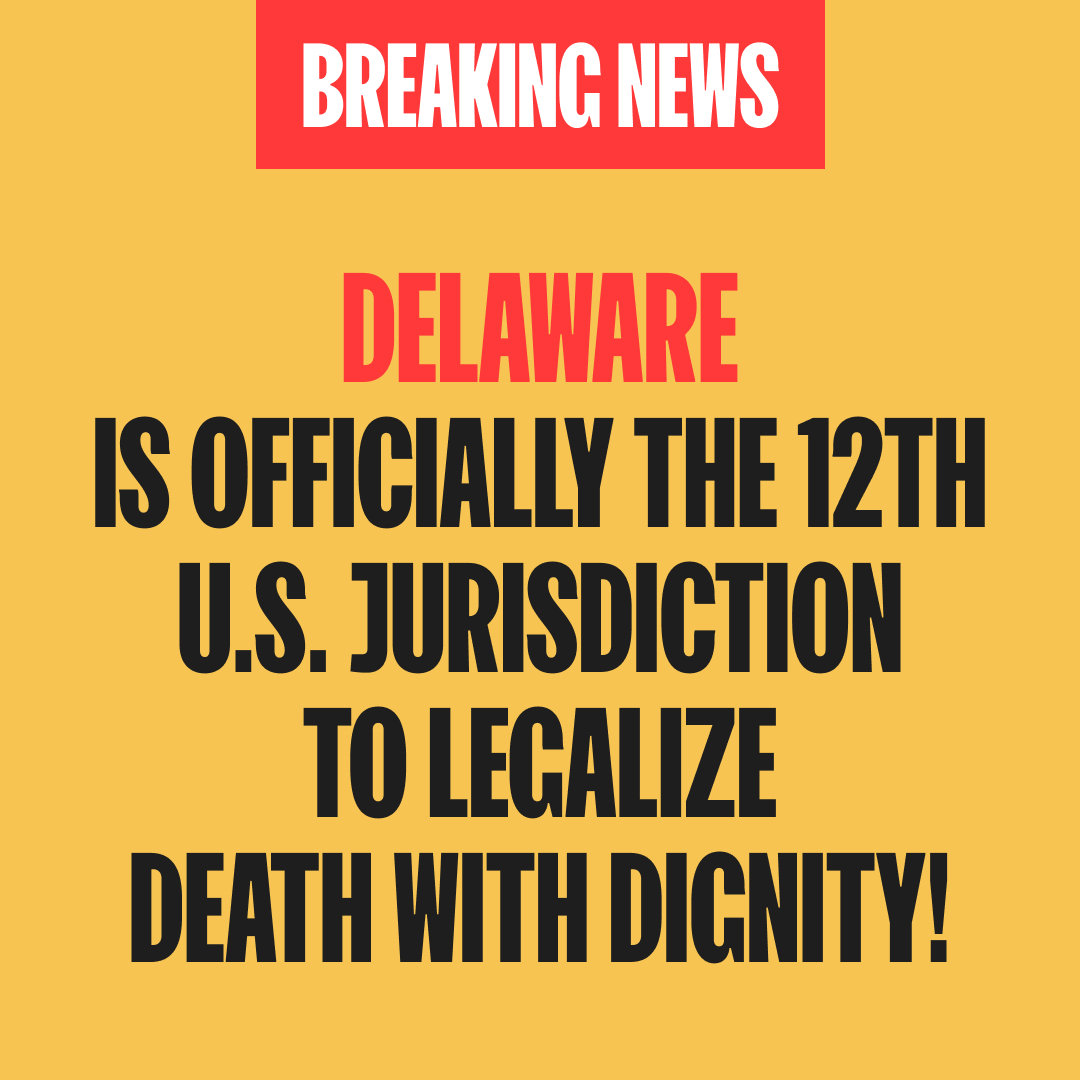 Delaware just made history! After nearly a decade of advocacy, Gov. Meyer signed HB140 into law, making Delaware the 12th jurisdiction with Death with Dignity. Your state could be next—join the fight for end of life freedom today. tinyurl.com/2pwh8xn8