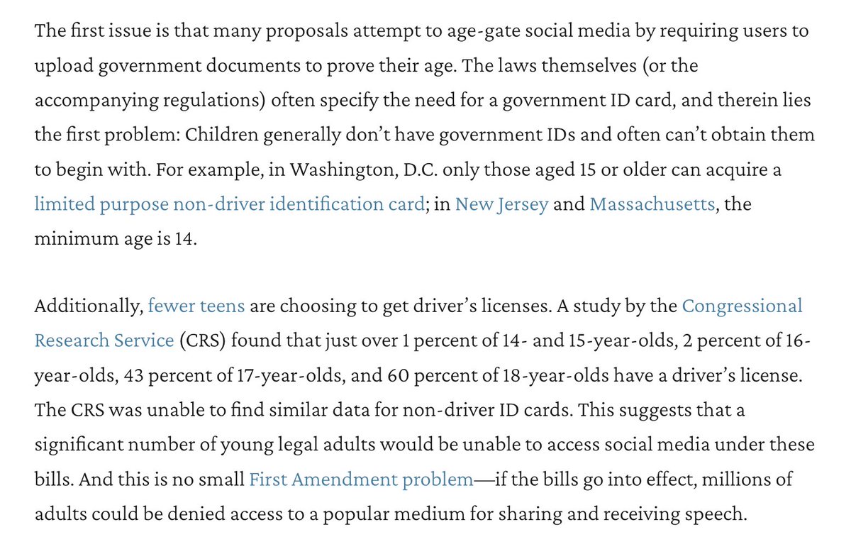 🧵 NEW from me
Many age verification laws for social media require IDs, SSNs, other documentation, or age estimation. I explain why none of that works.
1) Kids don't have government IDs and often cannot obtain them!
2) SSNs do not convey age
3) Age estimation is off by YEARS