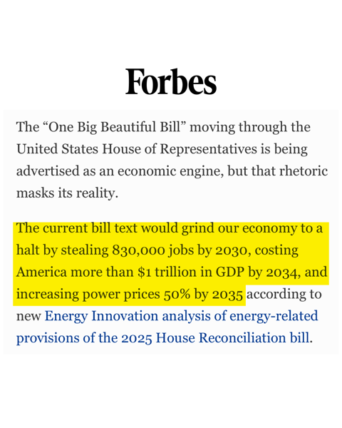 If you like Trump's "One Big Beautiful Bill" do NOT bitch when your loved ones lose their jobs and your insurance premiums, groceries, toys, even your pet's toys, cars, computers, repairs and so much more cost more.

Americans will lose healthcare, rural hospitals, Medicare,