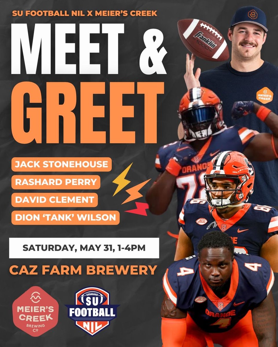 Meiers_Creek's tweet photo. Join us for the @sufootballnil  x @Meiers_Creek  Athlete Meet &amp; Greet!
🧡 Meet the Athletes - Hang out with SU standouts @jackstonehouse, @rperry72, @DavidClems88, and @DionxGuccii!
🎯 Axe Throwing (1–4 PM)
🏈 Punt Contest with Jack Stonehouse (2 PM) https://t.co/2xYyCBtFln