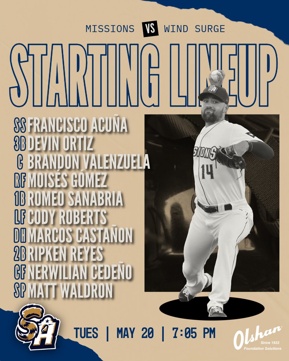 San Antonio Missions Baseball (@missionsmilb) on Twitter photo Strong foundation, strong knucks 💥
Lineup pres. by <a href="/OlshanSince1933/">Olshan Foundation Solutions</a>
First pitch: 7:05 PM
🎟️: bit.ly/3H0HgPc Strong foundation, strong knucks 💥
Lineup pres. by <a href="/OlshanSince1933/">Olshan Foundation Solutions</a>
First pitch: 7:05 PM
🎟️: bit.ly/3H0HgPc