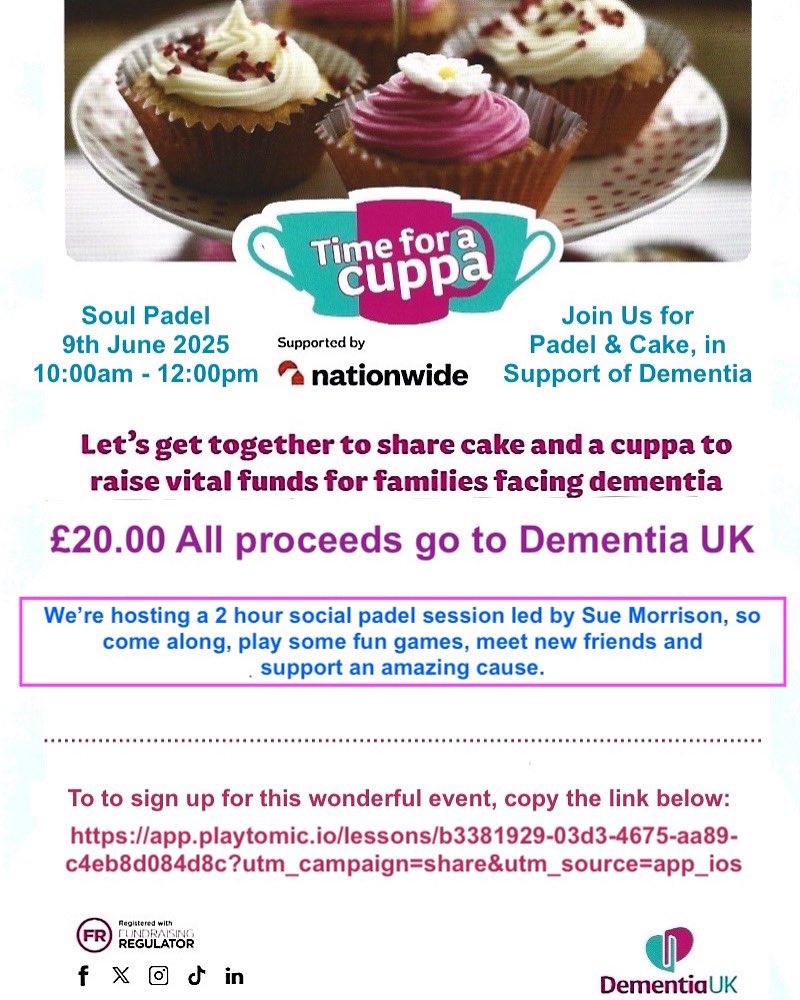 Padel, Cake &amp; a Cuppa for <a href="/DementiaUK/">Dementia UK</a> with Sue &amp; Friends.
Why don’t you join us for a feel good morning of Padel and cake in support of Dementia.
We’re hosting a relaxed 2 hour social padel session led by Sue followed by a well earned cuppa and a slice of cake.