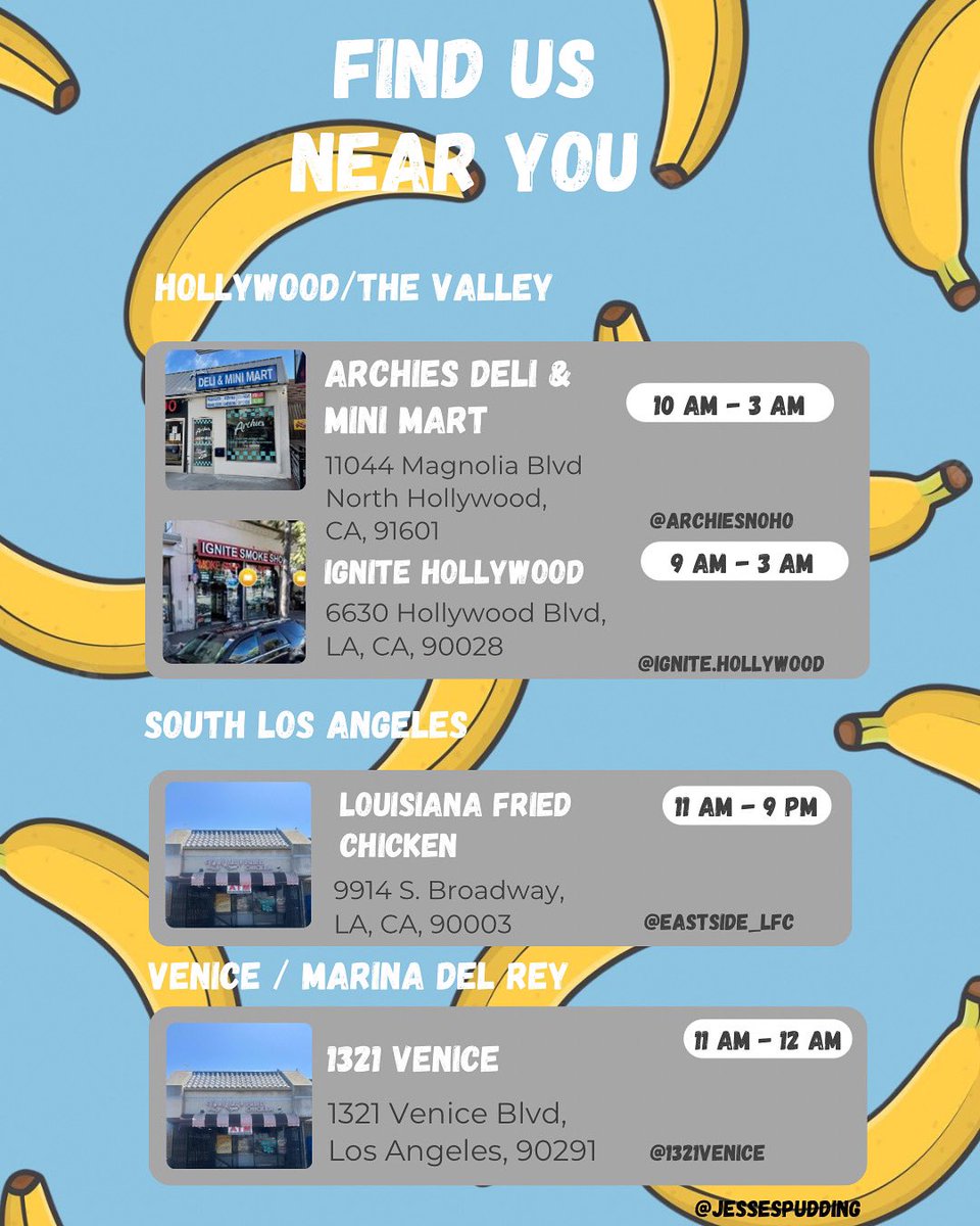 jessethechef's tweet image. 🍌 Where to Grab Jesse’s Pudding 🍌
Craving a sweet treat? Swing by these spots to pick up your favorite flavors:
📍 Hollywood: Archie’s Deli or Ignite Hollywood
📍 South LA: Louisiana Fried Chicken
📍 Venice/Marina del Rey: 1321 Venice