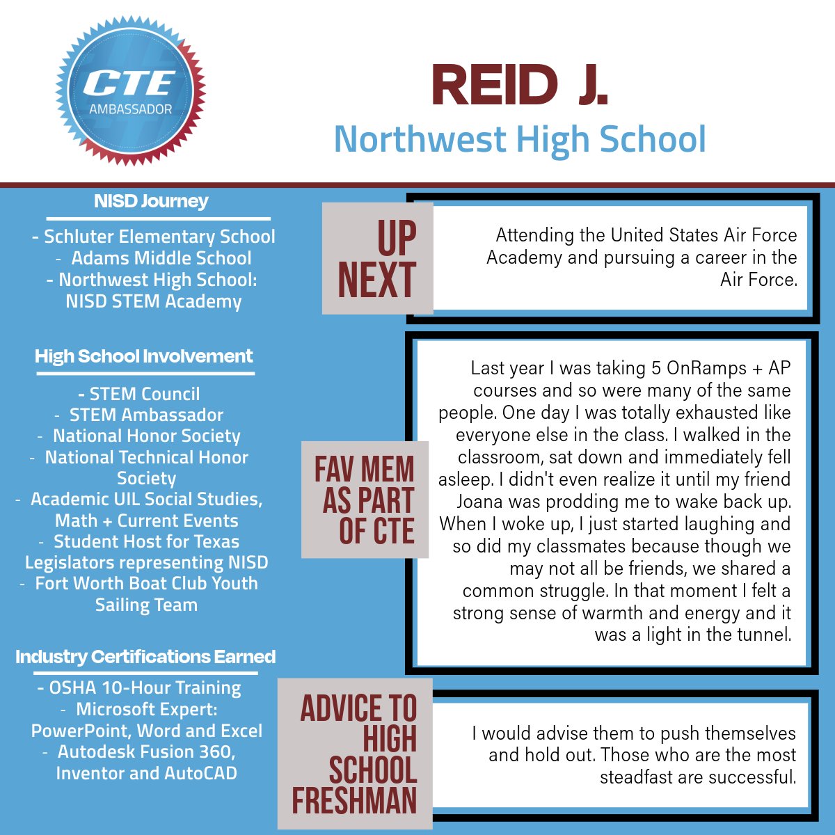 NISD CTE (@nisdcte) on Twitter photo 🎓Congrats to Class of '25 NISD CTE Ambassador CHRISTOPHER "REID" J. | <a href="/STEMAcademyNHS/">STEM Academy @ NHS</a> <a href="/NHSTexans/">Northwest High School</a> 🍎Reid would like to thank STEM Academy teacher Paul How for his dedication and support in + out of the classroom, and helping him achieve his goals.⬇️Read about Reid. #IAmNISDCTE 🎓Congrats to Class of '25 NISD CTE Ambassador CHRISTOPHER "REID" J. | <a href="/STEMAcademyNHS/">STEM Academy @ NHS</a> <a href="/NHSTexans/">Northwest High School</a> 🍎Reid would like to thank STEM Academy teacher Paul How for his dedication and support in + out of the classroom, and helping him achieve his goals.⬇️Read about Reid. #IAmNISDCTE