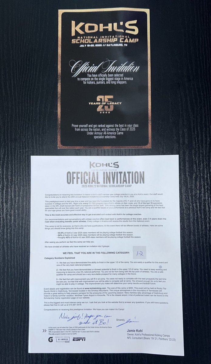 Blessed to receive an invitation to the Kohl’s National Invitational Camp!
<a href="/KohlsKicking/">Kohl's Kicking Camps</a> <a href="/KohlsHighlights/">Kicking, Punting, Long Snapping Highlights</a> <a href="/XavierZLopez/">LoneStarKicking</a> <a href="/ExpoRecruits/">Expo Recruits</a> <a href="/TheTop5s_/">TOP FIVES</a> <a href="/SportPrepX/">SportPrepX</a> <a href="/CoachTBurns/">Tanner Burns</a> <a href="/CoachScifers/">John Scifers</a>