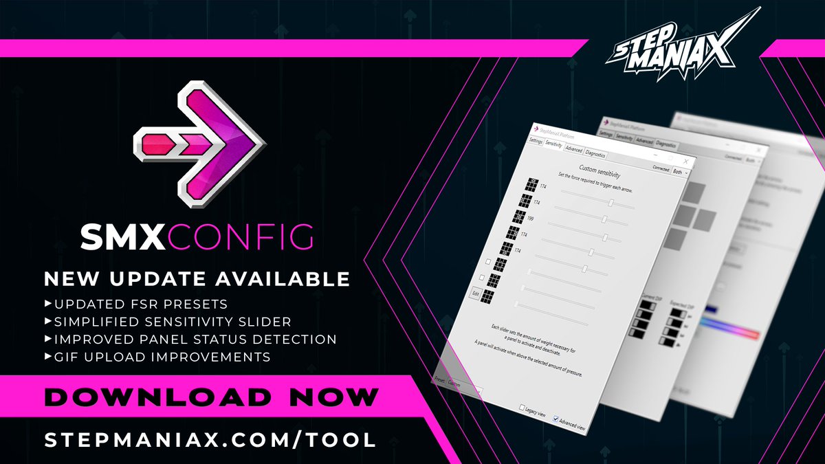 smxgame's tweet image. For those using #StepManiaX Stages with their own external software, an update for the SMXConfig Tool for Windows has been released!

Find it at stepmaniax.com/tool in the SMX Stage downloads section!