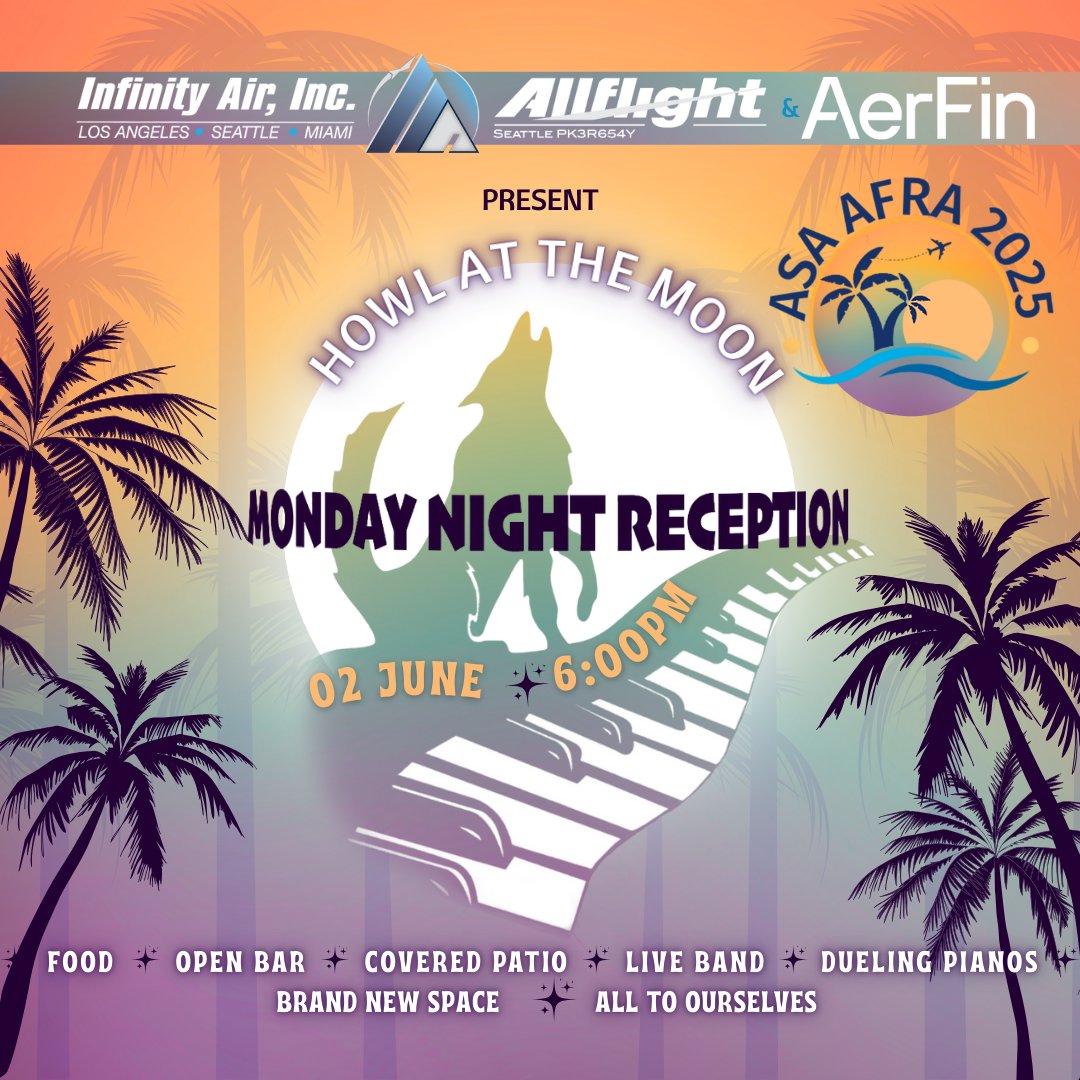 🎸 Ready to rock after #ASAAFRA2025? Join us Monday at Howl At The Moon! 🕕 June 2 | 6PM | Fort Lauderdale 🎤 Dueling Pianos | 🍻 Open Bar | 🎶 Live Band #AfterParty #HowlAtTheMoon #AviationNetworking RSVP here for Non-Conference Attendees Only👉 ow.ly/1Esk50VW2cz
